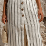 ElevenOra Chic Elegaht Beige-Black Stripes Cotton-Linen Blend Button-Front Slit Detail Midi Skirt