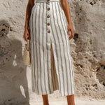 ElevenOra Chic Elegaht Beige-Black Stripes Cotton-Linen Blend Button-Front Slit Detail Midi Skirt