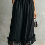 ElevenOra Chic Elegaht Black Cotton Blend Elastic Waist Fringe Detail Loose-Fit Midi Skirt
