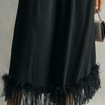 ElevenOra Chic Elegaht Black Cotton Blend Elastic Waist Fringe Detail Loose-Fit Midi Skirt