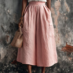 ElevenOra Chic Elegaht Pink Cotton-Linen Blend Tailored Waist Multi-Pocket Loose-Fit Wide-Leg Cropped Pants