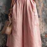 ElevenOra Chic Elegaht Pink Cotton-Linen Blend Tailored Waist Multi-Pocket Loose-Fit Wide-Leg Cropped Pants