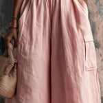 ElevenOra Chic Elegaht Pink Cotton-Linen Blend Tailored Waist Multi-Pocket Loose-Fit Wide-Leg Cropped Pants