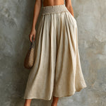 ElevenOra Chic Elegaht Beige Cotton-Linen Blend Elastic-Waist Loose-Fit Wide-Leg Cropped Pants