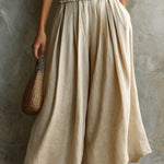 ElevenOra Chic Elegaht Beige Cotton-Linen Blend Elastic-Waist Loose-Fit Wide-Leg Cropped Pants