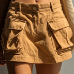 ElevenOra Chic Casual Khaki Twill Cotton Tailored-Waist Slim-Fit A-Line Cargo Mini Skirt
