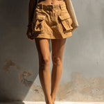 ElevenOra Chic Casual Khaki Twill Cotton Tailored-Waist Slim-Fit A-Line Cargo Mini Skirt