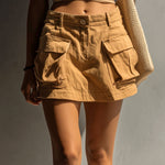 ElevenOra Chic Casual Khaki Twill Cotton Tailored-Waist Slim-Fit A-Line Cargo Mini Skirt