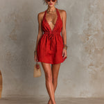 ElevenOra Chic Elegant Red Cotton-Linen Blend Halter V-Neck Sleeveless Lace Trim Detail Elastic-Waist Mini Dress