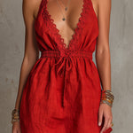 ElevenOra Chic Elegant Red Cotton-Linen Blend Halter V-Neck Sleeveless Lace Trim Detail Elastic-Waist Mini Dress