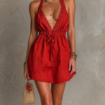 ElevenOra Chic Elegant Red Cotton-Linen Blend Halter V-Neck Sleeveless Lace Trim Detail Elastic-Waist Mini Dress
