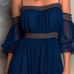 ElevenOra Chic Elegant Navy Blue Off-Shoulder Bardot-Neck Ruffled Puff Mid-Sleeve Smocked A-Line Chiffon Fabric Mini Dress