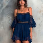 ElevenOra Chic Elegant Navy Blue Off-Shoulder Bardot-Neck Ruffled Puff Mid-Sleeve Smocked A-Line Chiffon Fabric Mini Dress