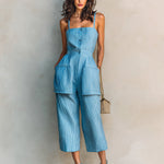 ElevenOra Chic Elegant Blue-White Pinstripe Cotton-Linen Spaghetti-Strap Square-Neck Sleeveless Button-Front Patch Pockets Cropped Jumpsuit