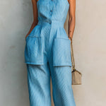 ElevenOra Chic Elegant Blue-White Pinstripe Cotton-Linen Spaghetti-Strap Square-Neck Sleeveless Button-Front Patch Pockets Cropped Jumpsuit