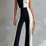 ElevenOra Chic Elegant Black-White Cotton Blend Thin Straps Square-Neck Sleeveless Button-Front Tailore-Waist Wide-Leg Jumpsuit