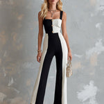 ElevenOra Chic Elegant Black-White Cotton Blend Thin Straps Square-Neck Sleeveless Button-Front Tailore-Waist Wide-Leg Jumpsuit