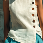 ElevenOra Chic Casual White Round-Neck Sleeveless Button-Front Loose-Fit Cotton-Linen Blend Vest Top