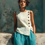 ElevenOra Chic Casual White Round-Neck Sleeveless Button-Front Loose-Fit Cotton-Linen Blend Vest Top