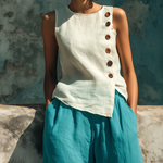 ElevenOra Chic Casual White Round-Neck Sleeveless Button-Front Loose-Fit Cotton-Linen Blend Vest Top