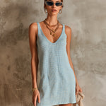 ElevenOra Chic Elegant Blue-White Pinstripes V-Neck Sleeveless Loose-Fit A-Line Ribbed Knit Mini Dress