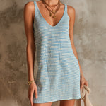 ElevenOra Chic Elegant Blue-White Pinstripes V-Neck Sleeveless Loose-Fit A-Line Ribbed Knit Mini Dress
