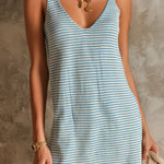 ElevenOra Chic Elegant Blue-White Pinstripes V-Neck Sleeveless Loose-Fit A-Line Ribbed Knit Mini Dress