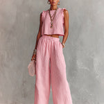 ElevenOra Chic Elegant Pink Textured Cotton Blend Round-Neck Sleeveless Ruffle Detail Vest Wide-Leg Pants Loose-Fit Two-Piece Set