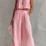 ElevenOra Chic Elegant Pink Textured Cotton Blend Round-Neck Sleeveless Ruffle Detail Vest Wide-Leg Pants Loose-Fit Two-Piece Set