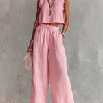 ElevenOra Chic Elegant Pink Textured Cotton Blend Round-Neck Sleeveless Ruffle Detail Vest Wide-Leg Pants Loose-Fit Two-Piece Set