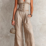 ElevenOra Chic Elegant Gray Cotton-Linen Blend V-Neck Sleeveless Single-Breasted Ruffle Detail Slim-Fit Vest Wide-Leg Pants Two-Piece Set