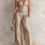 ElevenOra Chic Elegant Gray Cotton-Linen Blend V-Neck Sleeveless Single-Breasted Ruffle Detail Slim-Fit Vest Wide-Leg Pants Two-Piece Set