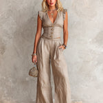 ElevenOra Chic Elegant Gray Cotton-Linen Blend V-Neck Sleeveless Single-Breasted Ruffle Detail Slim-Fit Vest Wide-Leg Pants Two-Piece Set