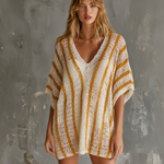 ElevenOra Chic Casual White-Yellow Stripe V-Neck Short-Sleeve Loose-Fit Hollow-Out Knit Mini Dress