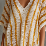 ElevenOra Chic Casual White-Yellow Stripe V-Neck Short-Sleeve Loose-Fit Hollow-Out Knit Mini Dress