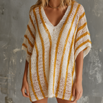 ElevenOra Chic Casual White-Yellow Stripe V-Neck Short-Sleeve Loose-Fit Hollow-Out Knit Mini Dress