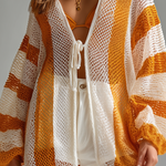 ElevenOra Chic Casual White-Yellow Stripe Long-Sleeve Tie-Front Loose-Fit Hollow-Out Knit Beach Cover-Up Cardigan