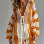 ElevenOra Chic Casual White-Yellow Stripe Long-Sleeve Tie-Front Loose-Fit Hollow-Out Knit Beach Cover-Up Cardigan