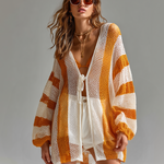 ElevenOra Chic Casual White-Yellow Stripe Long-Sleeve Tie-Front Loose-Fit Hollow-Out Knit Beach Cover-Up Cardigan