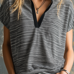 ElevenOra Chic Casual Black-White Stripe Stand-Collar  V-Neck Short-Sleeve Oversize Stretchy Cotton Fabric T-Shirt Top