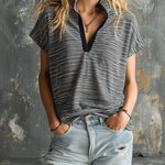 ElevenOra Chic Casual Black-White Stripe Stand-Collar  V-Neck Short-Sleeve Oversize Stretchy Cotton Fabric T-Shirt Top