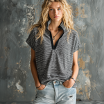 ElevenOra Chic Casual Black-White Stripe Stand-Collar  V-Neck Short-Sleeve Oversize Stretchy Cotton Fabric T-Shirt Top