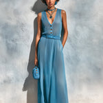ElevenOra Chic Elegant Blue Chiffon Button-Up V-Neck Sleeveless Belted Loose-Fit A-Line Maxi Dress