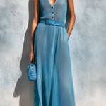 ElevenOra Chic Elegant Blue Chiffon Button-Up V-Neck Sleeveless Belted Loose-Fit A-Line Maxi Dress