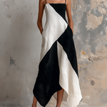 ElevenOra Chic Elegaht White-Black Colorblock Spaghetti Straps Sleeveless A-Line Asymmetric Hem Cotton-Linen Blend Midi Dress