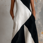 ElevenOra Chic Elegaht White-Black Colorblock Spaghetti Straps Sleeveless A-Line Asymmetric Hem Cotton-Linen Blend Midi Dress