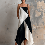 ElevenOra Chic Elegaht White-Black Colorblock Spaghetti Straps Sleeveless A-Line Asymmetric Hem Cotton-Linen Blend Midi Dress