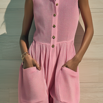 ElevenOra Chic Elegant Pink Stand-Collar Button-Up Sleeveless Patch Pockets Wide-Leg Mesh Knit Jumpsuit