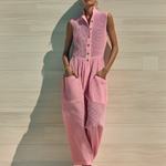 ElevenOra Chic Elegant Pink Stand-Collar Button-Up Sleeveless Patch Pockets Wide-Leg Mesh Knit Jumpsuit