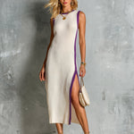 ElevenOra Chic Elegant Cream White Round-Neck Sleeveless Purple Trim Detail Tailored-Waist Slim-Fit Side-Slit Knit Midi Dress